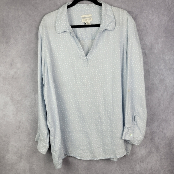 RACHEL ZOE Baby blue White Polka Dot Long Sleeve V-Neck neck Linen Top Tunic 3X‎ - Picture 1 of 11